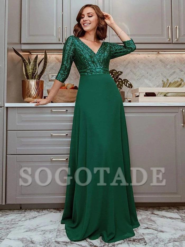 Sexy V Neck A-Line Sequin Evening Dresses with 3/4 Sleeve