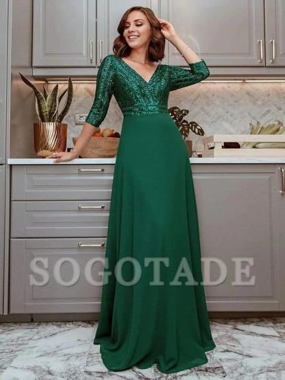 Sexy V Neck A-Line Sequin Evening Dresses with 3/4 Sleeve