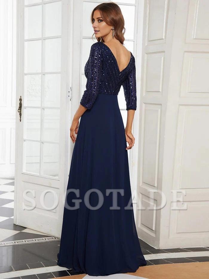 Sexy V Neck A-Line Sequin Evening Dresses with 3/4 Sleeve