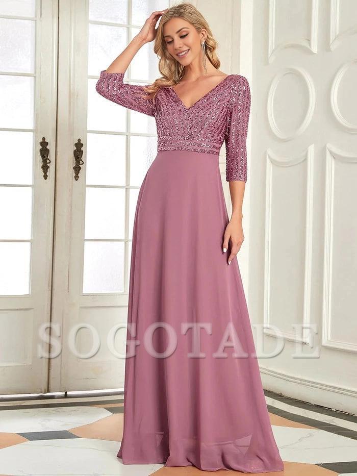Sexy V Neck A-Line Sequin Evening Dresses with 3/4 Sleeve