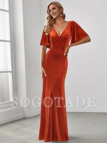 Elegant Double V Neck Velvet Bridesmaid Dress for Women