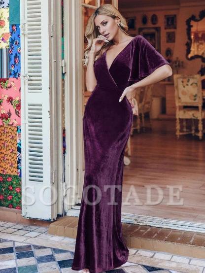 Elegant Double V Neck Velvet Bridesmaid Dress for Women
