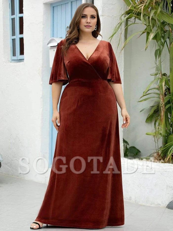 Elegant Double V Neck Velvet Bridesmaid Dress for Women