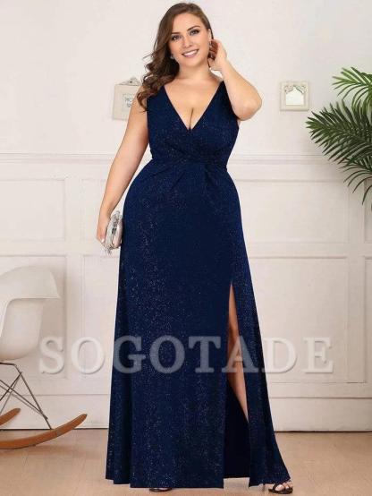 Floor Length V Neck Shimmery Evening Dresses with Side Split