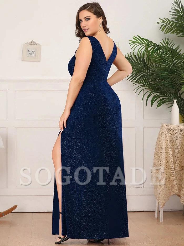 Floor Length V Neck Shimmery Evening Dresses with Side Split