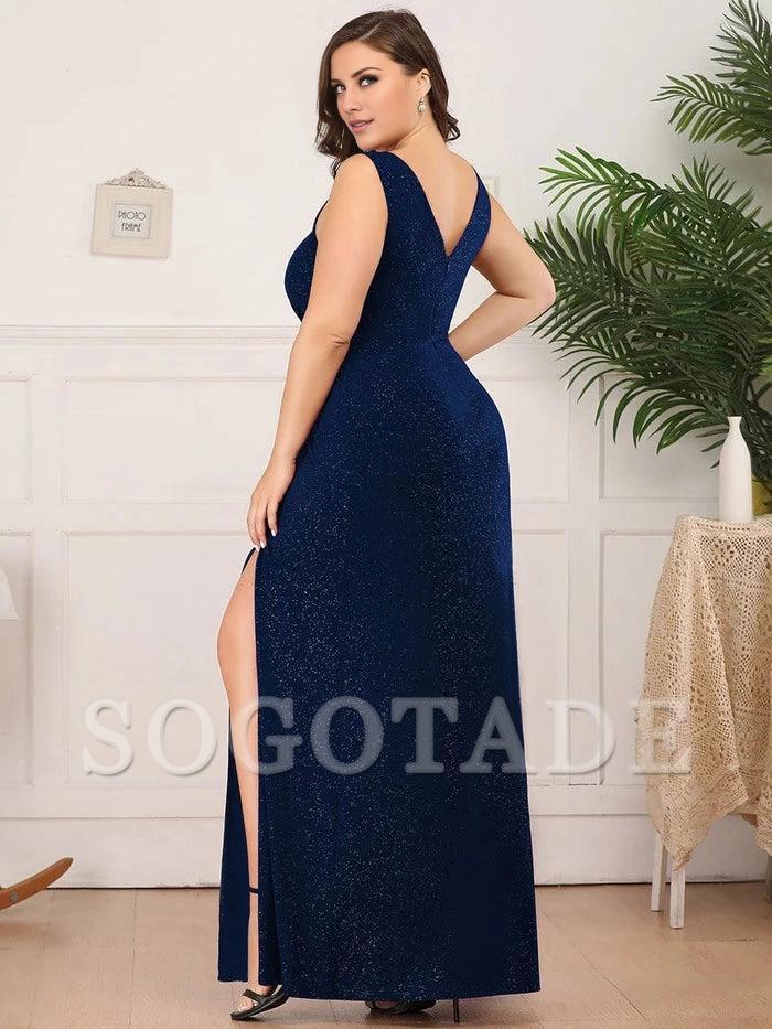 Floor Length V Neck Shimmery Evening Dresses with Side Split