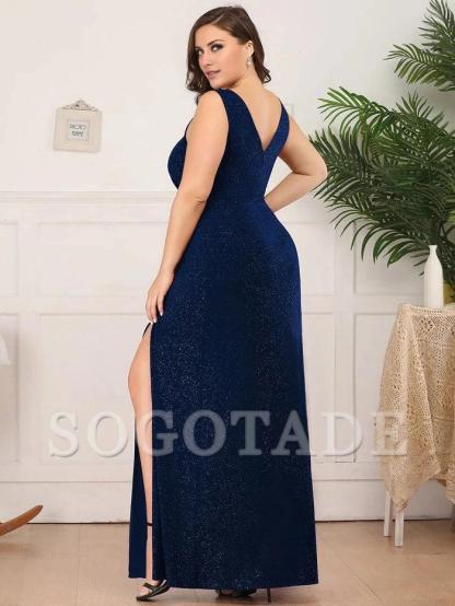 Floor Length V Neck Shimmery Evening Dresses with Side Split