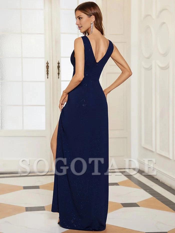 Floor Length V Neck Shimmery Evening Dresses with Side Split