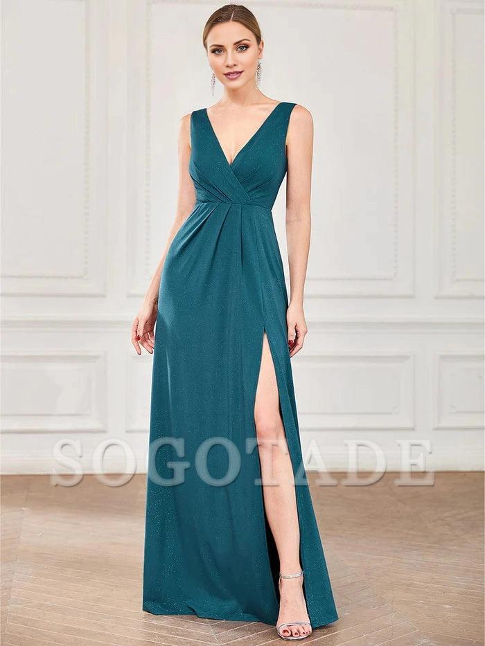 Floor Length V Neck Shimmery Evening Dresses with Side Split