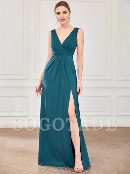 Floor Length V Neck Shimmery Evening Dresses with Side Split