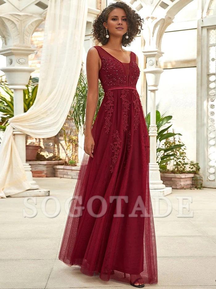 Elegant Sleeveless Applique Flowy Tulle Evening Dress