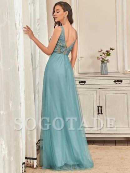 Elegant Sleeveless Applique Flowy Tulle Evening Dress