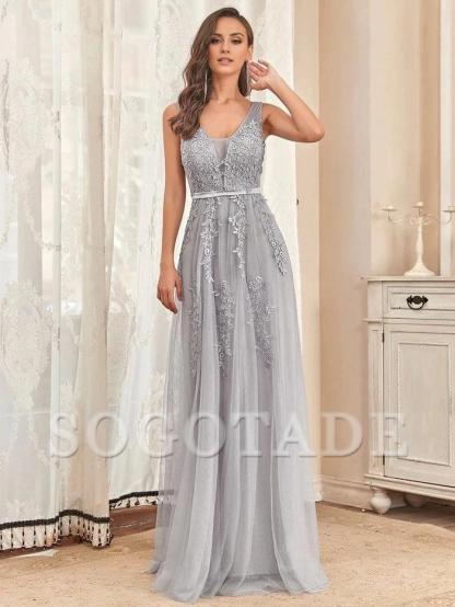 Elegant Sleeveless Applique Flowy Tulle Evening Dress