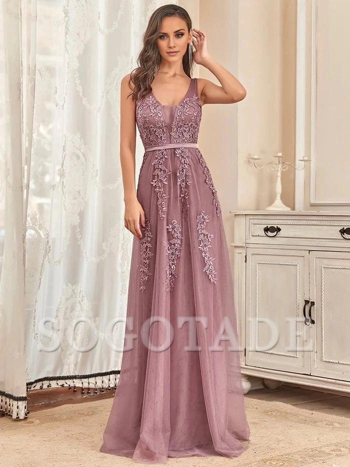Elegant Sleeveless Applique Flowy Tulle Evening Dress