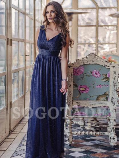 Double V Neck Floor Length Sparkly Evening Dresses for Party