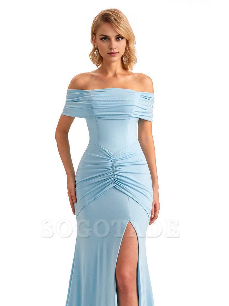 Elegant Mermaid Off The Shoulder Side Slit Stretchy Jersey Long Formal Bridesmaid Dresses