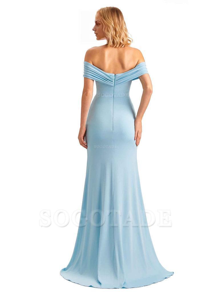 Elegant Mermaid Off The Shoulder Side Slit Stretchy Jersey Long Formal Bridesmaid Dresses