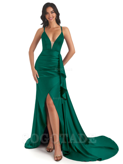 Sexy Spaghetti Straps Soft Satin Side Slit Pleats Unique Mermaid Bridesmaid Dresses prom shop dresses ﻿