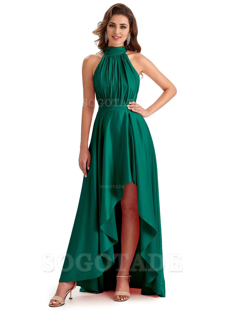 Soft Satin High Neck High Low A-Line Unique Bridesmaid Dresses Online