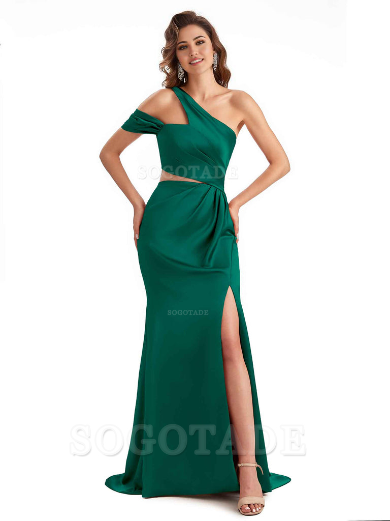 Sexy Side Slit Mermaid Soft Satin One Shoulder Long Unique Bridesmaid Dresses