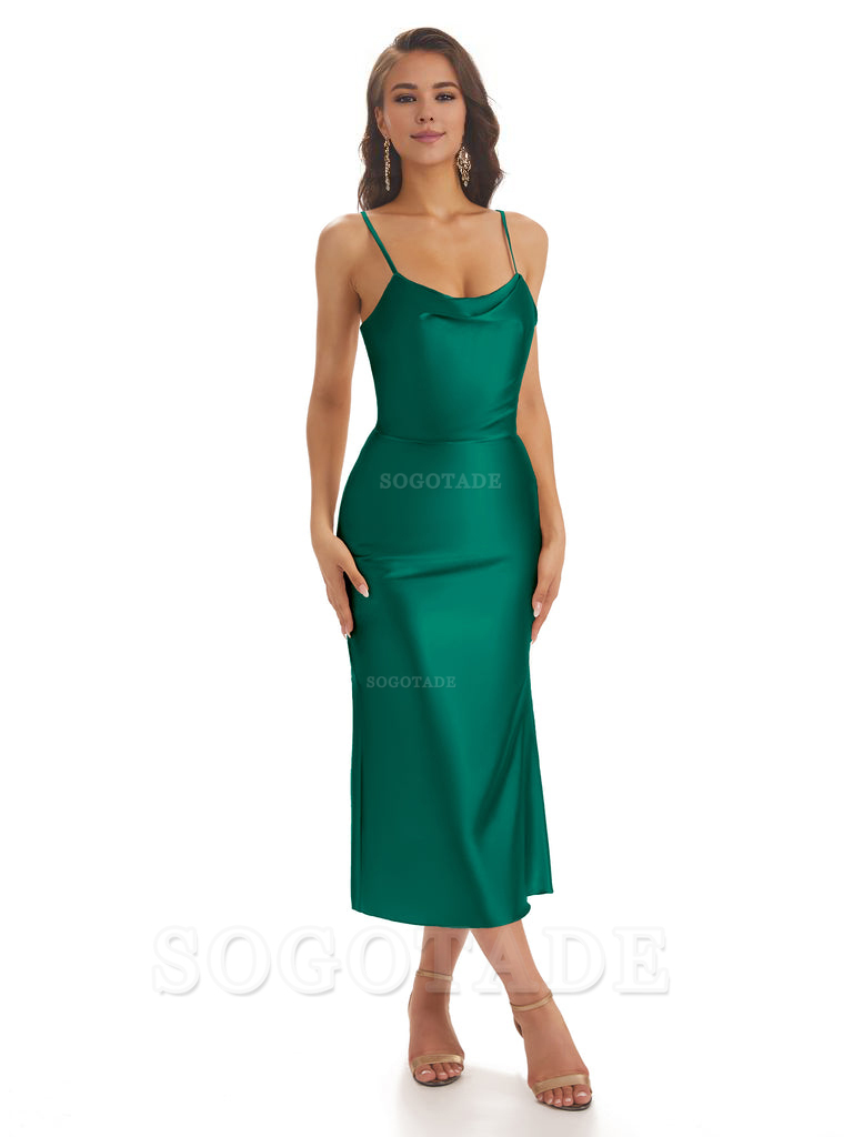 Sexy Soft Satin Spaghetti Strap Tea-Length Midi Short Bridesmaid Dresses prom shop dresses