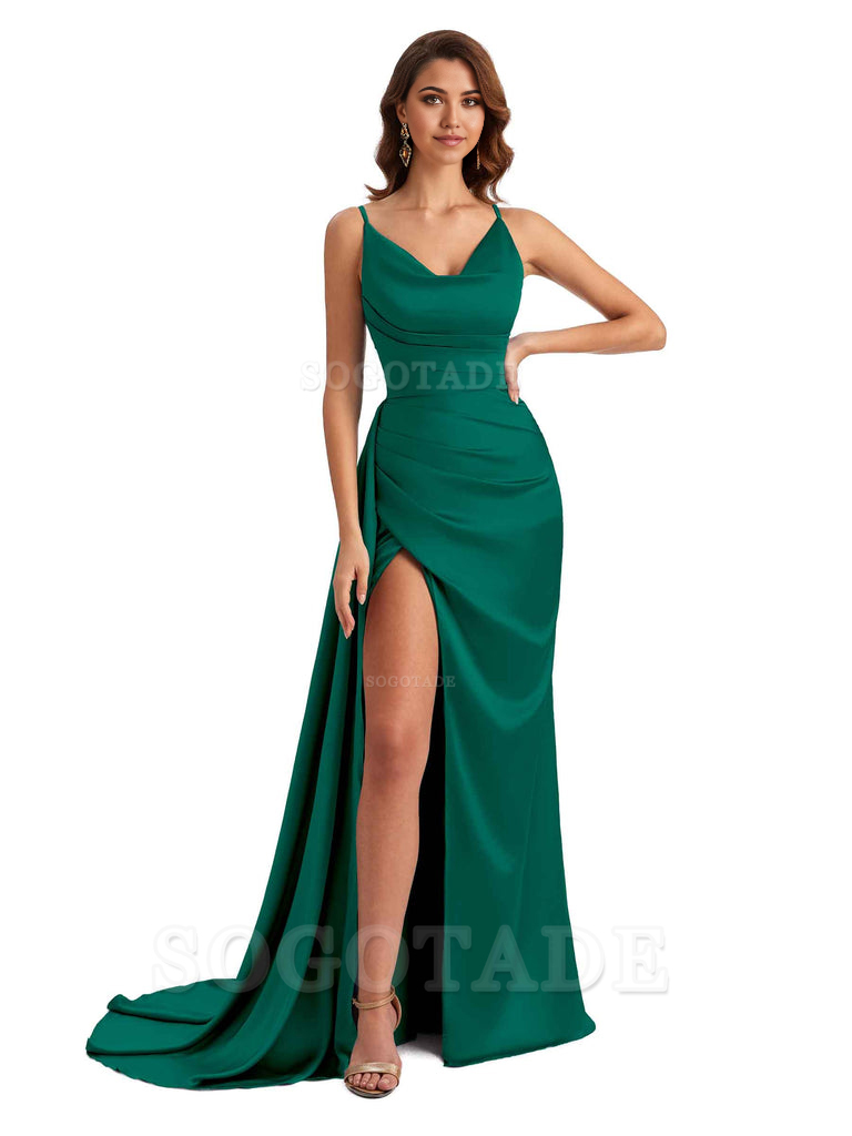 Mermaid Cowl Spaghetti Satin formal dresses evening gown Bridesmaid Dresses With Side Slit