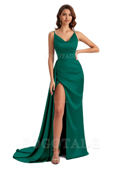Mermaid Cowl Spaghetti Satin formal dresses evening gown Bridesmaid Dresses With Side Slit