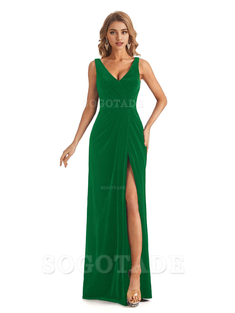 V-Neck Sexy Side Slit Spaghetti Straps Pleated Velvet Long Bridesmaid Dresses Formal Wear Dresses