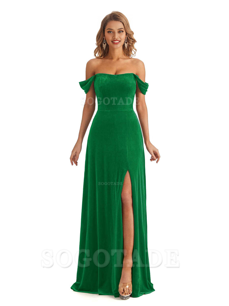 Elegant Mermaid Off The Shoulder Unique Velvet Side Slit Backless Long Bridesmaid Dresses Formal Wear Dresses