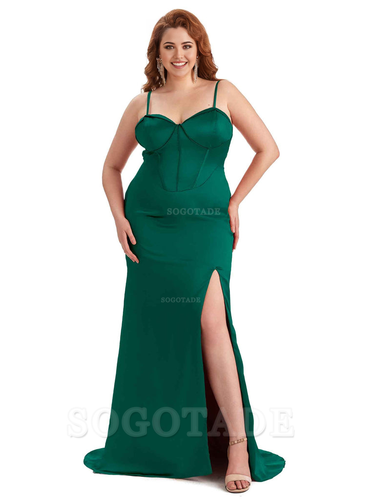 Sexy Spaghetti Straps Side Slit Sleeveless Mermaid Soft Satin Long Bridesmaid Dress Plus Size Dress To Wear to a Wedding