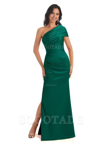 Mermaid One Shoulder Satin Long formal dresses evening gown Bridesmaid Dresses With Side Slit 