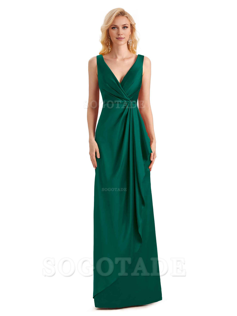 V Neck Elegant Soft Satin Formal Long Maid Bridesmaid Dresses Formal Wear Dresses