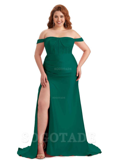 Elegant Off The Shoulder Side Slit Mermaid Soft Satin Floor Length Long Plus Size Bridesmaid Gowns