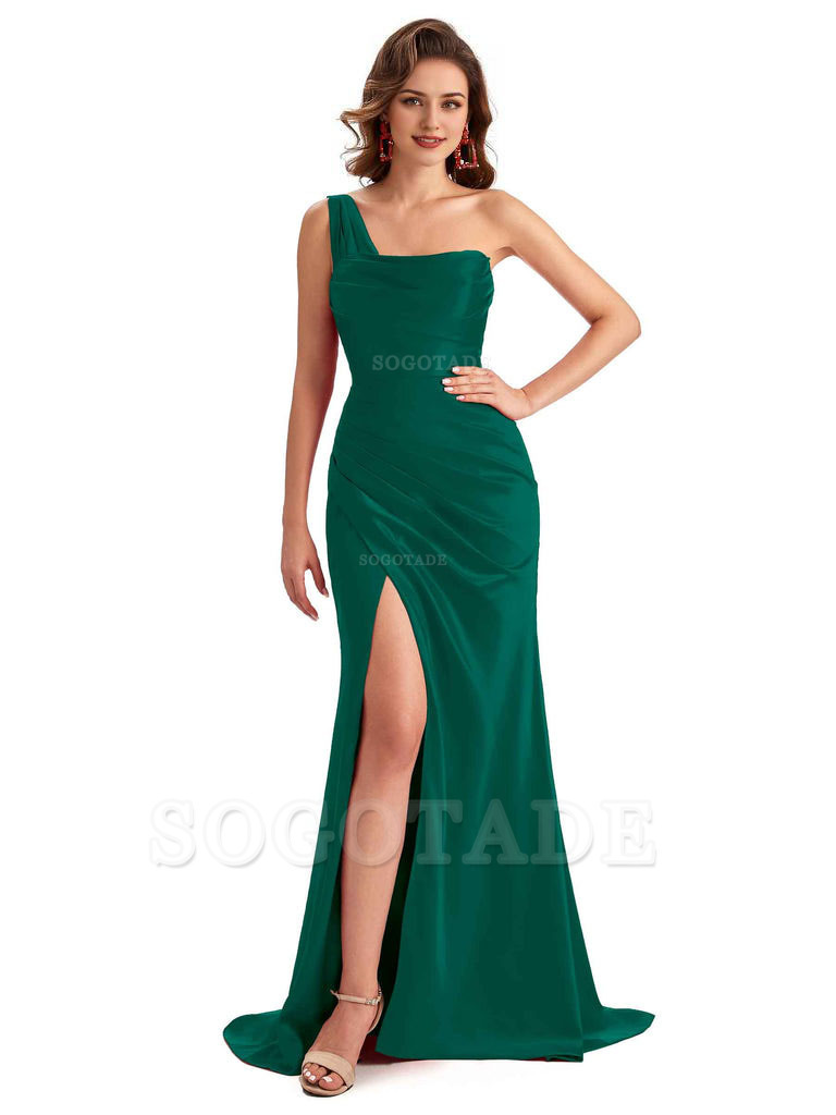 Sexy One Shoulder Side Slit Silky Satin Chic Long Mermaid Trumpet Bridesmaid Dress