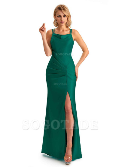 Soft Satin Spaghetti Straps Side Slit Long Unique Mermaid Beautiful Dresses For Wedding