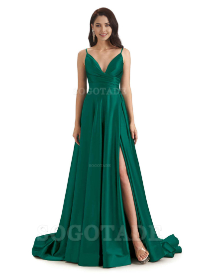 Spaghetti Straps Satin formal dresses evening gown Bridesmaid Dresses With Side Slit 