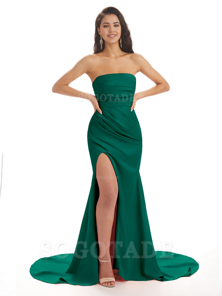Mermaid Strapless Floor-Length Satin formal dresses evening gown Bridesmaid Dresses With Side Slit 
