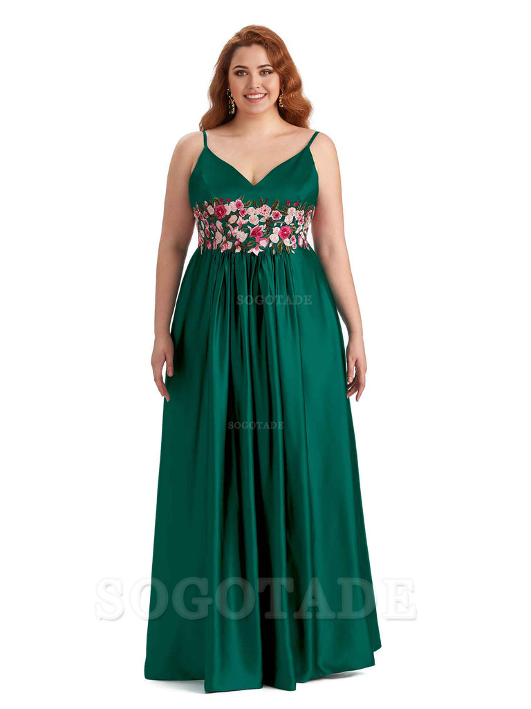 Unique Lace Spaghetti Straps Sleeveless Soft Satin Long Plus Size Bridesmaid Dress For Wedding