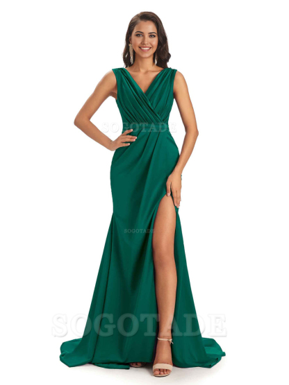 A-line V-neck Floor-Length Satin formal dresses evening gown Bridesmaid Dresses With Side Slit 