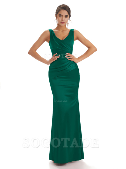 Sheath Sleeveless V-neck Floor-Length Satin formal dresses evening gown Bridesmaid Dresses With Pleats 