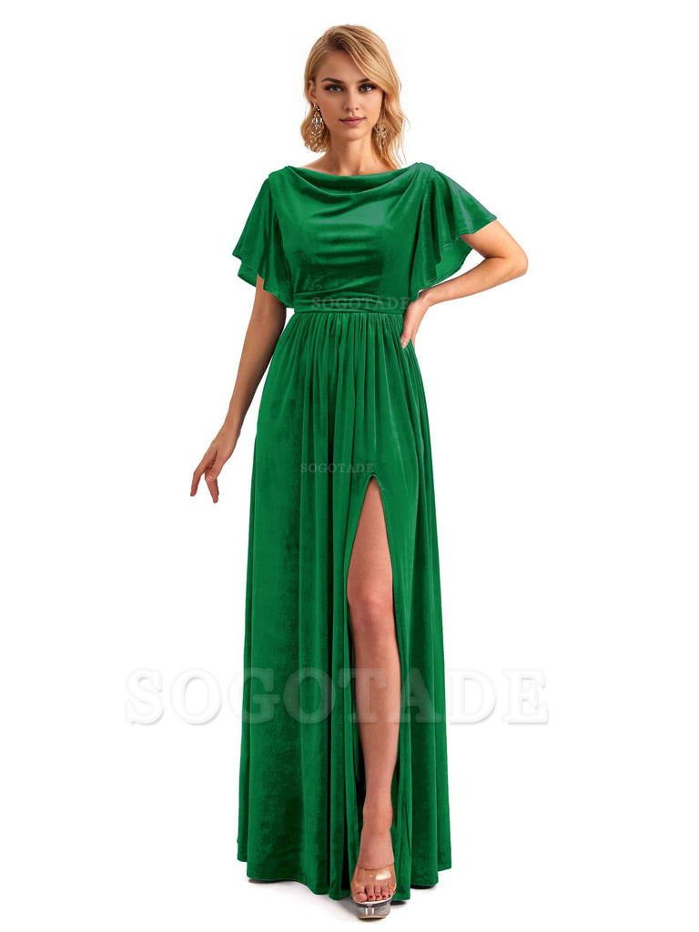 Elegant A-Line Jewel Bat Sleeves Velvet Side Slit Long Bridesmaid Dresses
