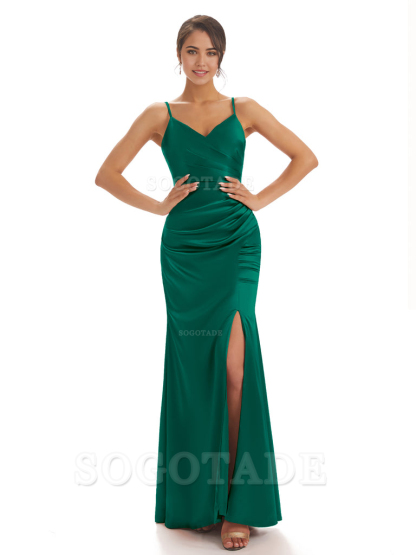 Spaghetti Straps Pleats Satin formal dresses evening gown Bridesmaid Dresses With Side Slit 