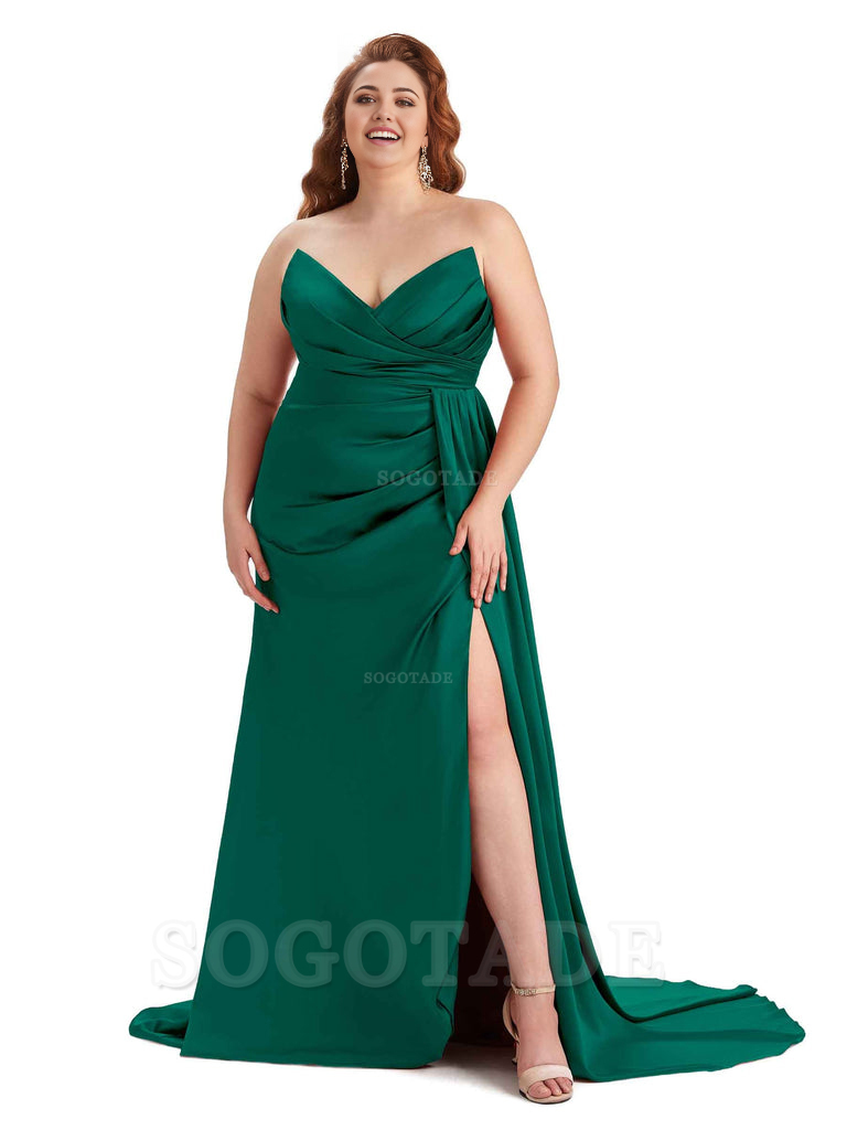 Sexy V-neck Side Slit Sleeveless Mermaid Soft Satin Long Plus Size Bridesmaid Gowns