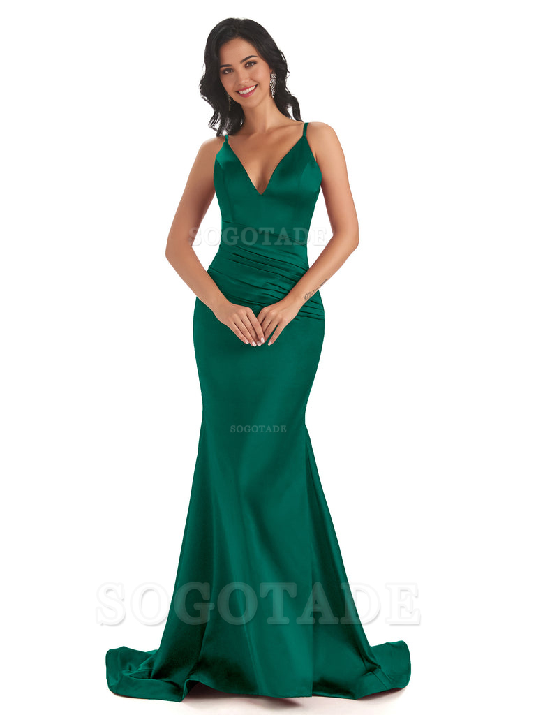 Mermaid Spaghetti V-Neck Straps Satin Long formal dresses evening gown Bridesmaid Dresses With Side Slit 