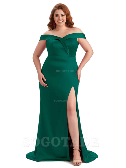 Elegant Off The Shoulder Sleeveless Side Slit Mermaid Soft Satin Long Plus Size Bridesmaid Gowns