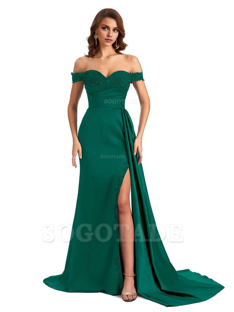 Sexy Off The Shoulder Mermaid Side Slit Silky Satin Long Bridesmaid Dress For Wedding