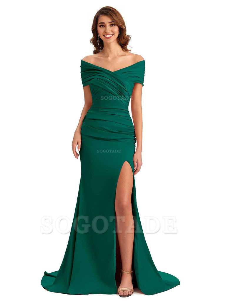 Sexy Off The Shoulder Side Slit Mermaid Satin Unique Long Formal Wedding Guest Dresses