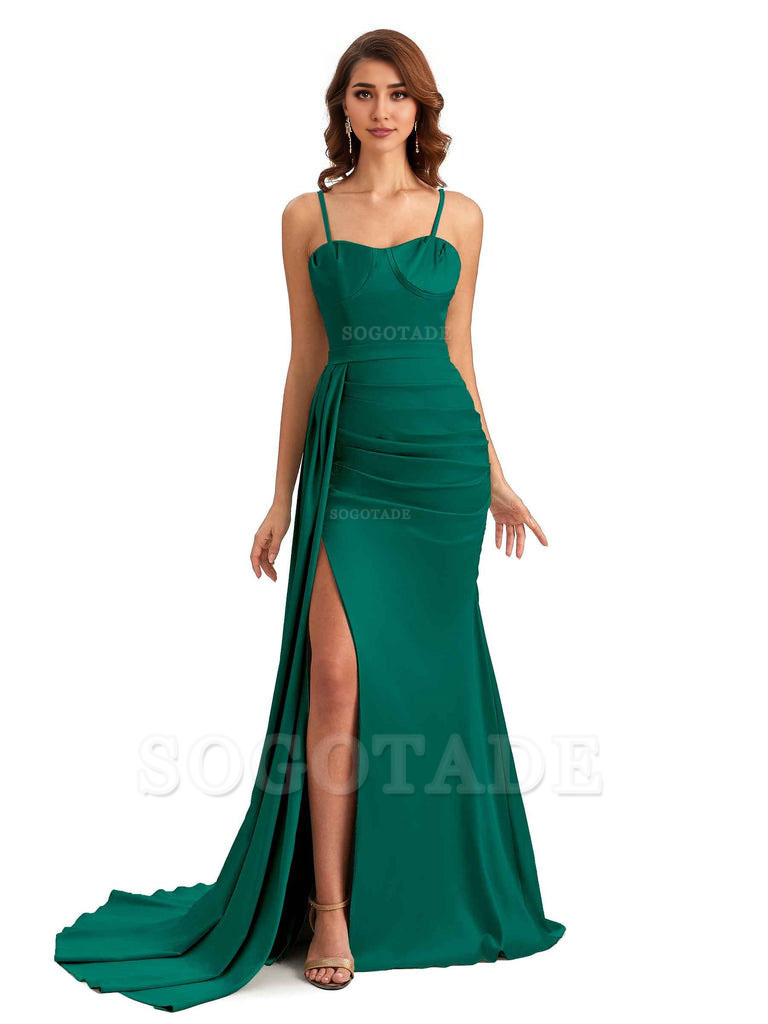 Sexy Spaghetti Straps Side Slit Mermaid Unique Long Bridesmaid Dresses In Satin