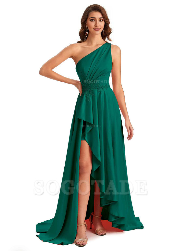 Sexy One Shoulder A-Line High Low Silky Satin Lace Long Formal Wedding Guest Dresses