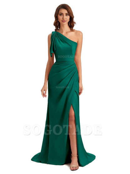 Sexy One Shoulder Mermaid Side Slit Unique Silky Satin Bridesmaid Dresses 